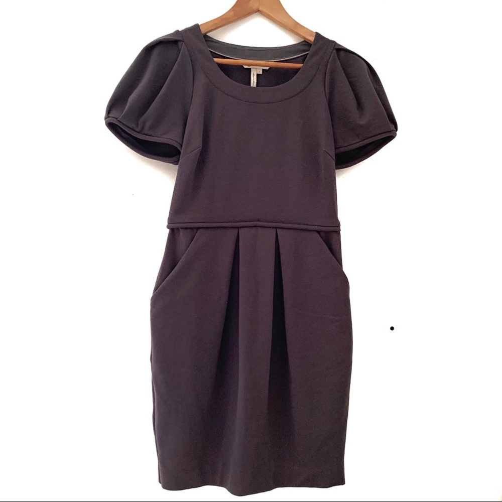 BCBG Gray Structured Cap Sleeve Pleated Dress